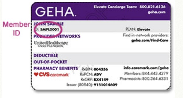 Sample GEHA insurance card highlighting member ID, provider networks, deductible, and pharmacy benefits, relevant for verifying alcohol rehab coverage in Arizona.
