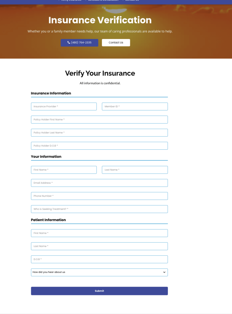Nirvana Recovery’s insurance verification form, used to check if GEHA insurance is accepted for treatment in Arizona by entering provider, policyholder, and patient details.