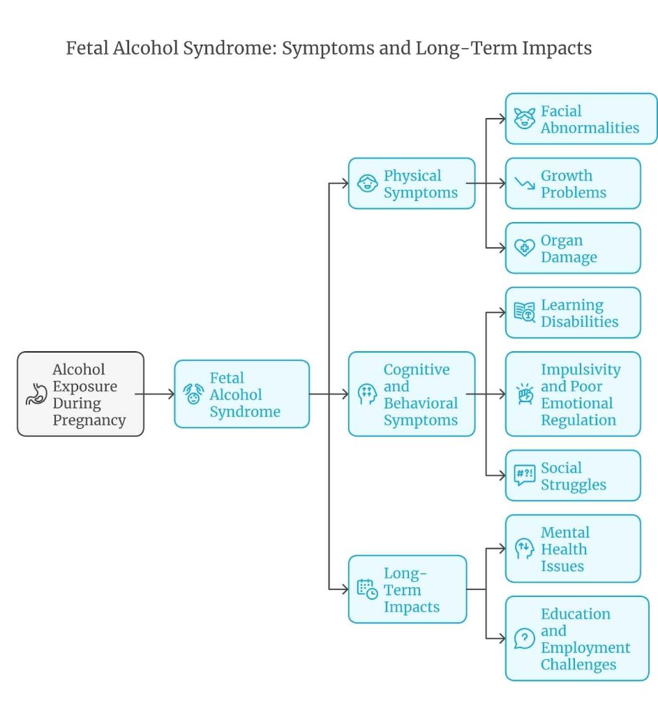 Flowchart showing Fetal Alcohol Syndrome symptoms and impacts: facial abnormalities, learning disabilities, organ damage, and mental health issues.