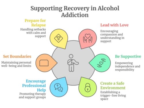 Infographic outlining practical ways to support a loved one in alcohol addiction recovery, including encouragement, boundaries, and creating a safe environment.
