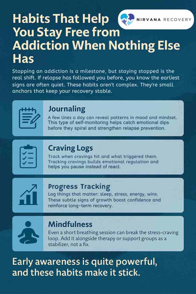 Infographic panels listing journaling, craving logs, progress tracking, and mindfulness as daily anchors for lasting recovery.