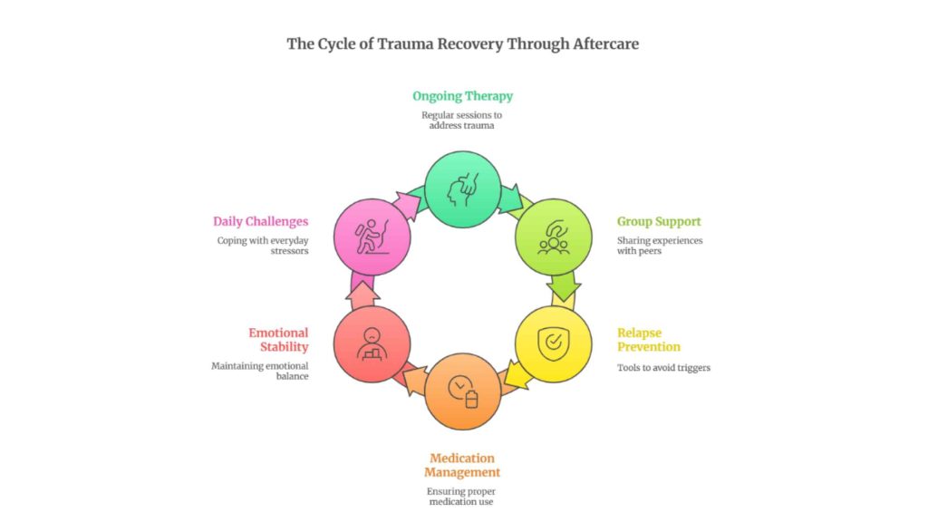 Cycle of trauma aftercare: therapy, group support, relapse prevention, medication management, emotional balance, daily coping.