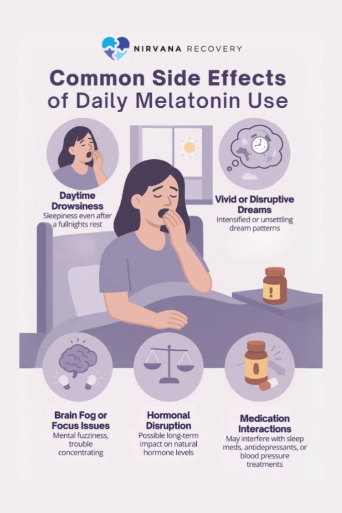 Yawning person in bed at sunrise; labels: Daytime drowsiness, Vivid dreams, Brain fog, Hormone disruption, Drug interactions.
