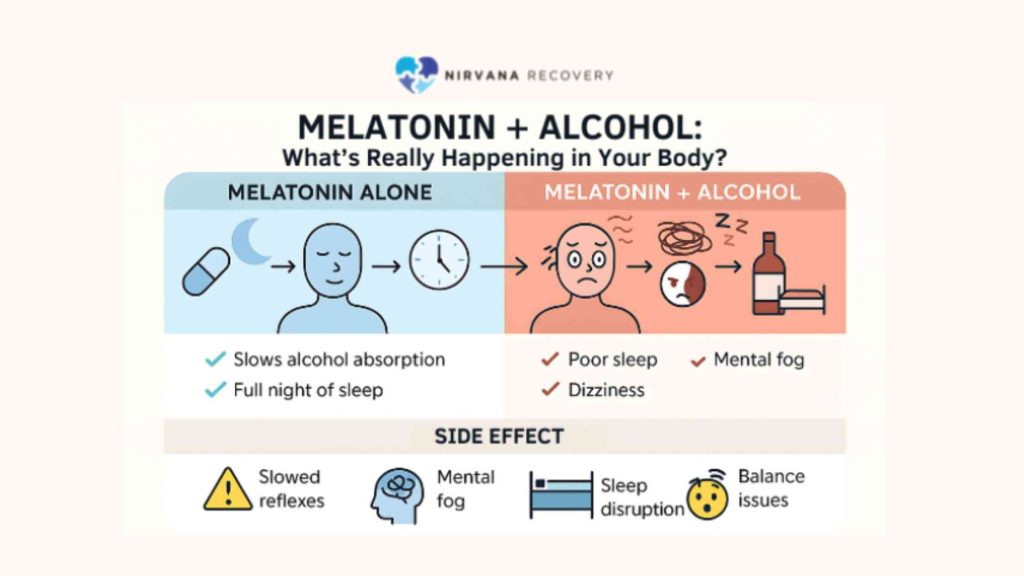 Split infographic: melatonin alone yields restful sleep; melatonin plus alcohol shows grogginess, poor sleep, and dizziness.