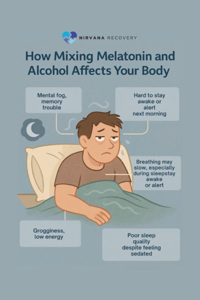 Groggy man in bed with callouts: Mental fog; Hard to stay alert next morning; Slow breathing; Low energy; Poor sleep quality.