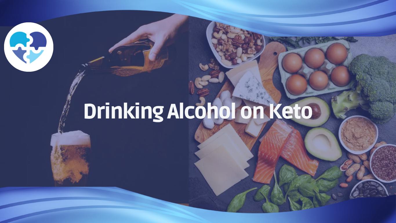 Glass of beer being poured beside keto foods like eggs, salmon, avocado, and nuts with text "Drinking Alcohol on Keto".