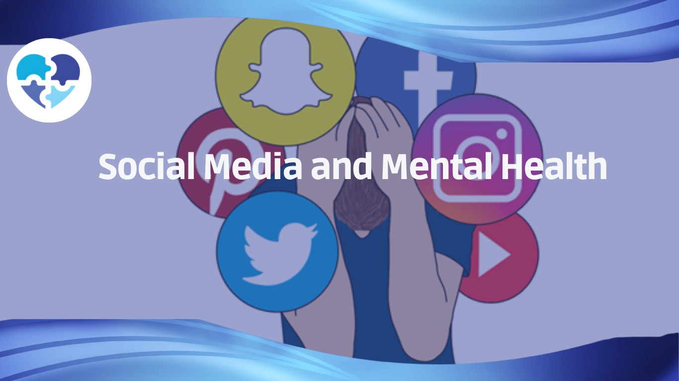 Illustration of a stressed person surrounded by social media icons, highlighting its impact on mental health.
