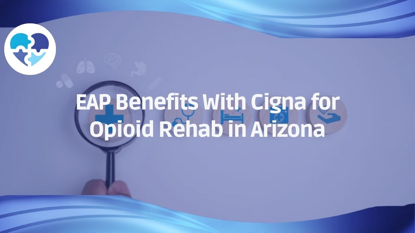 Magnifying glass over health icons symbolizing Cigna’s EAP support for employees seeking opioid rehab in Arizona.