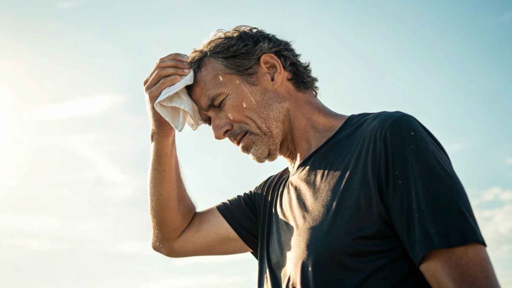 Man wiping sweat under hot sun, representing exhaustion and recovery, symbolic of Aetna-covered outpatient detox care.