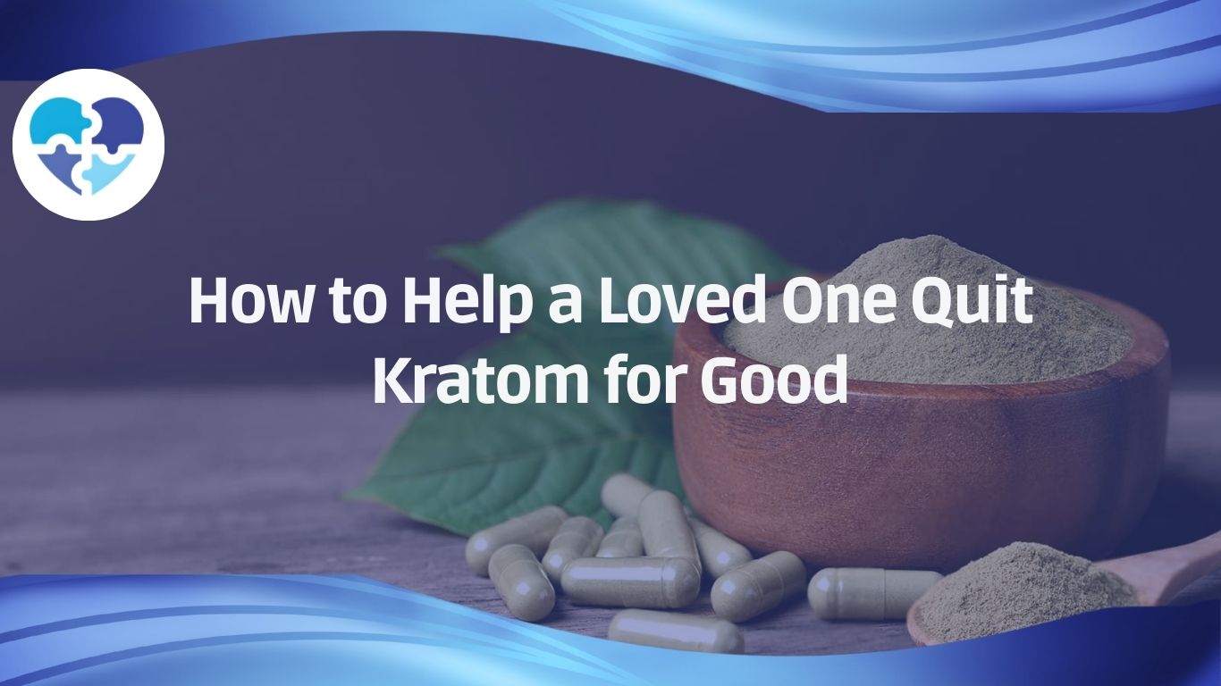 Wooden bowl of kratom powder and capsules on table with leaves, illustrating how to help a loved one quit kratom.