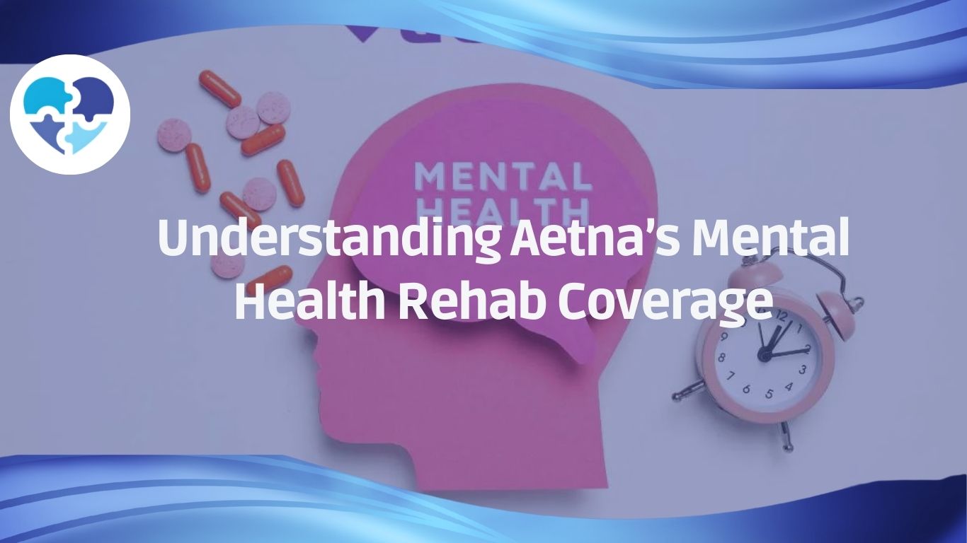 Pink paper head labeled "Mental Health" beside pills and a clock, symbolizing Aetna’s mental health rehab coverage.