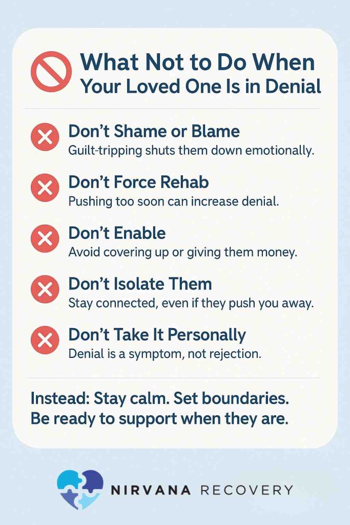 Infographic on supporting a loved one in denial - avoid blame, forcing rehab, enabling, isolation, or taking it personally.