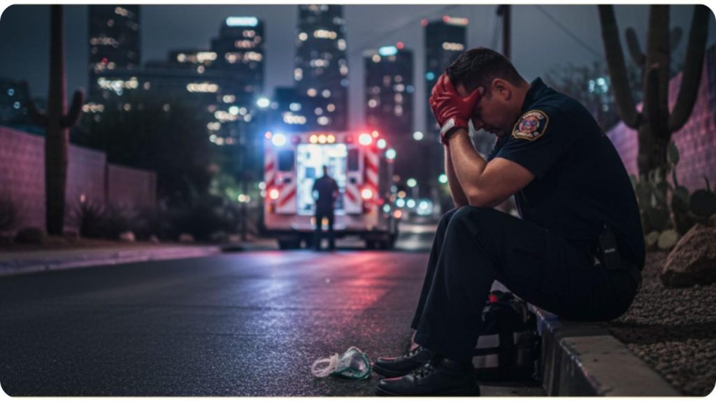 Stressed paramedic sitting on a curb at night in front of an ambulance.