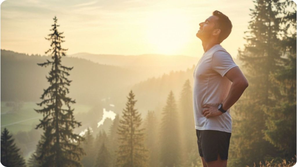 Man standing in nature at sunrise, breathing deeply and feeling relief.