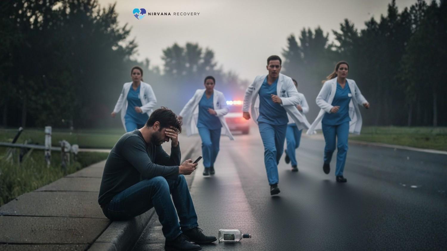 Distressed man sitting on roadside with bottle while medical professionals rush to help, symbolizing urgent addiction crisis intervention for first responders.