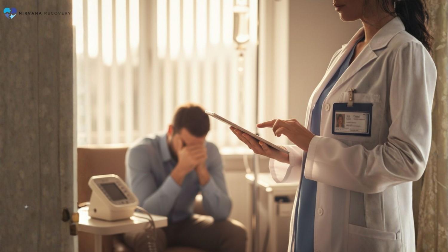 Compassionate medical professional supporting a distressed first responder during addiction and mental health treatment session in Arizona rehab center.