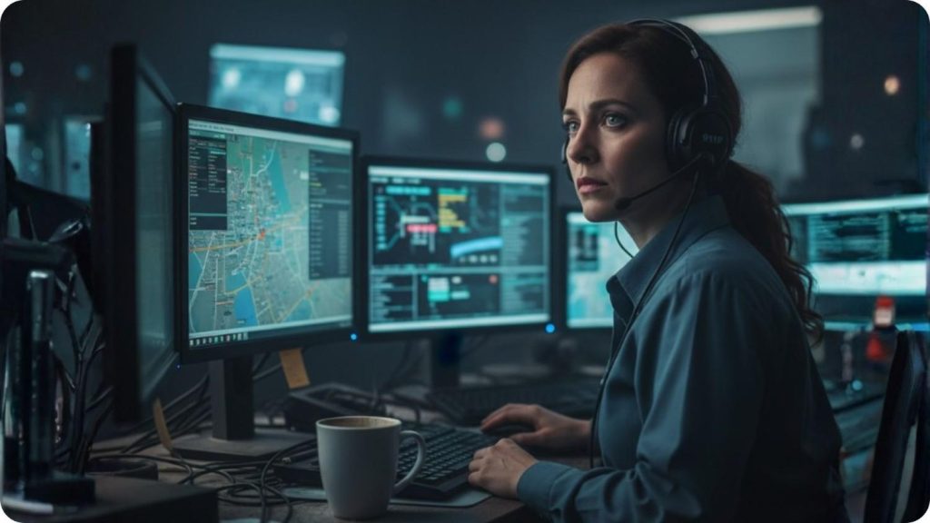 Stressed 911 dispatcher at control center considering first responder rehab Arizona.