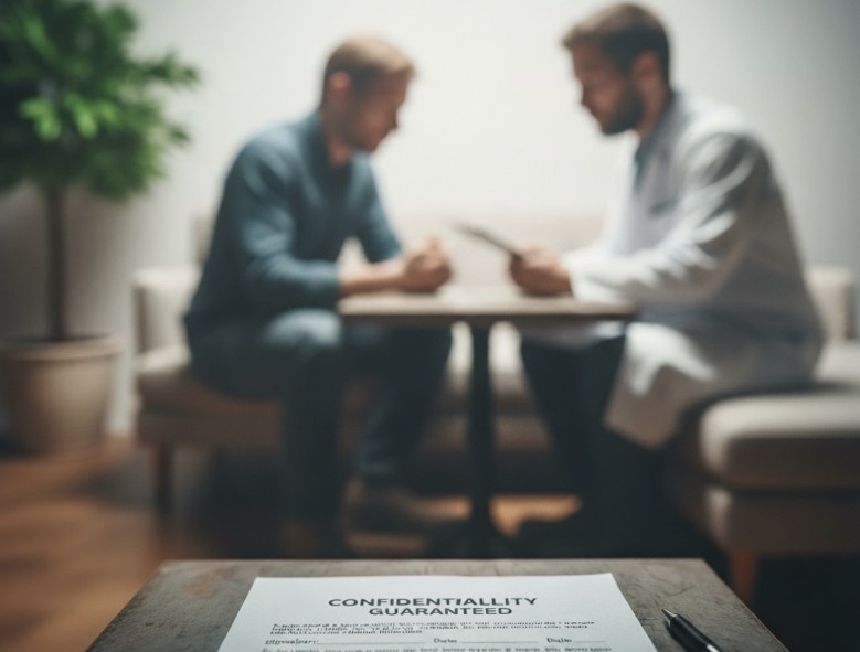 Man meeting with a therapist in a private counseling session.