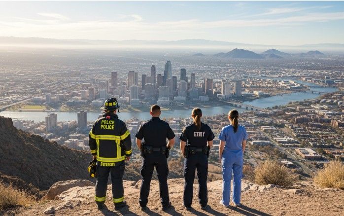 First responders overlooking an Arizona city skyline, representing unity and the need for dual diagnosis rehab and mental health support.