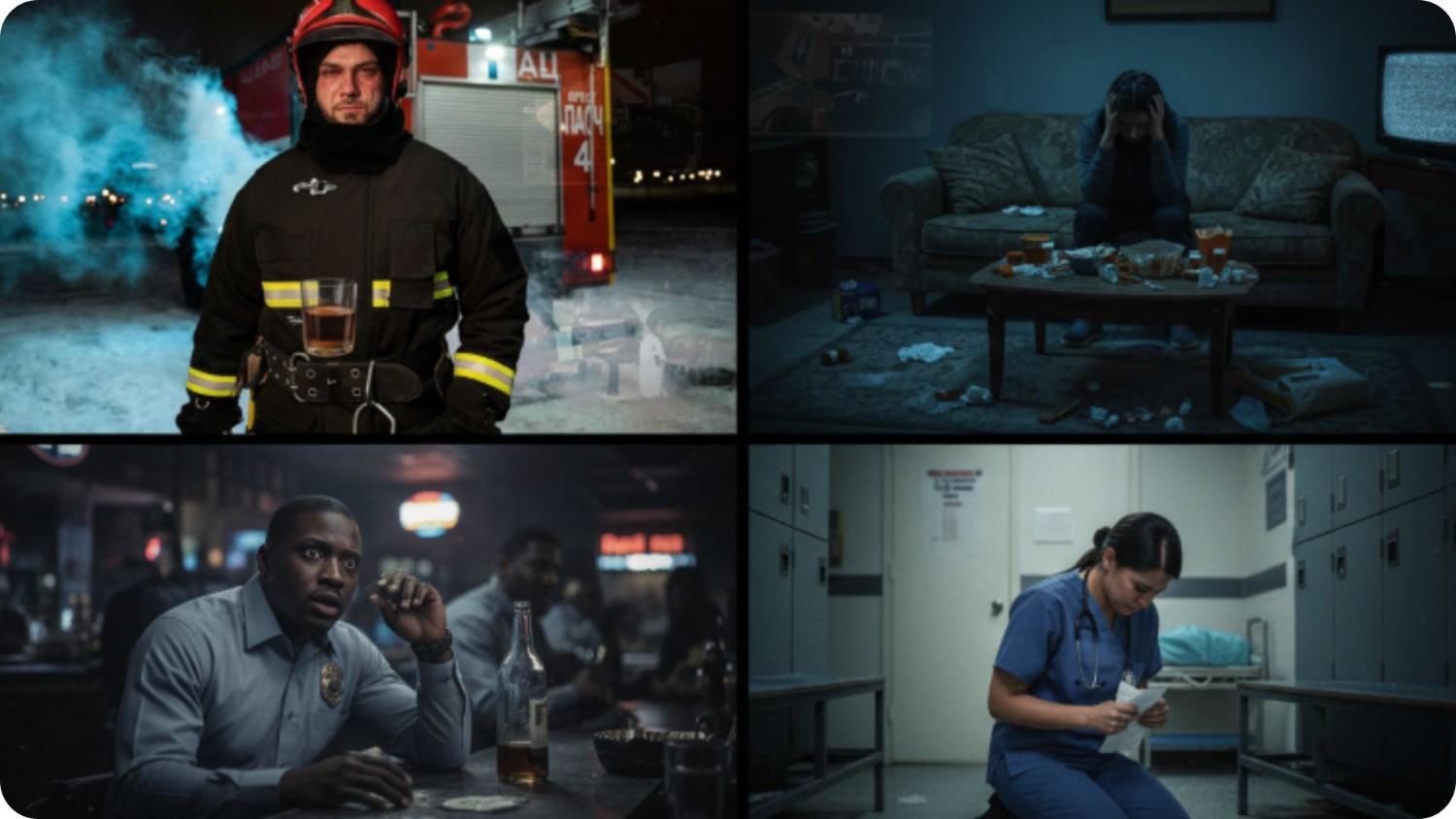 Collage of firefighters, officers, and medical staff battling addiction before first responder rehab Arizona.