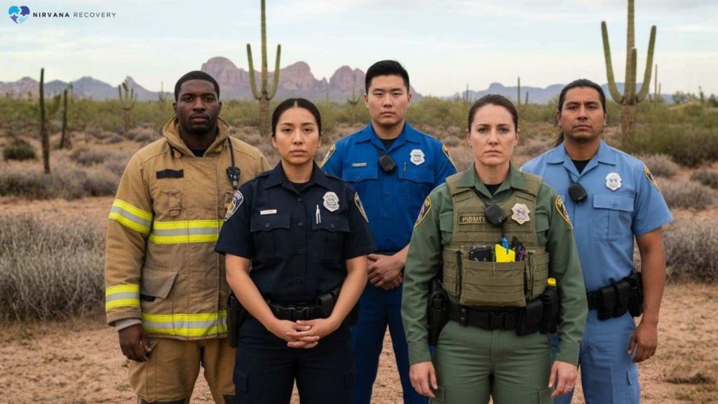 Group of first responders, including firefighter, police officers, and paramedic, standing together in Arizona desert, representing unity and strength in recovery support.