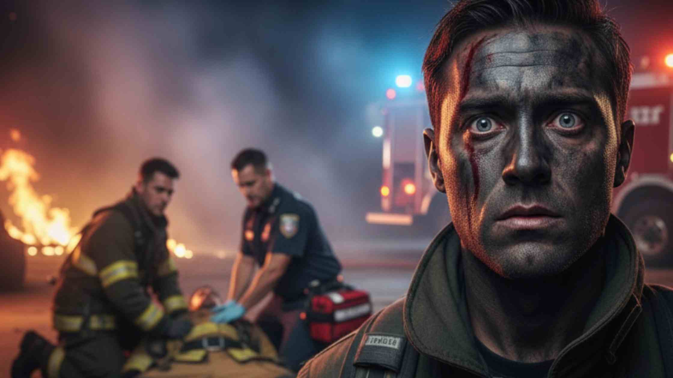A soot-covered firefighter stares intensely ahead as colleagues aid an injured worker amid flames and flashing lights.