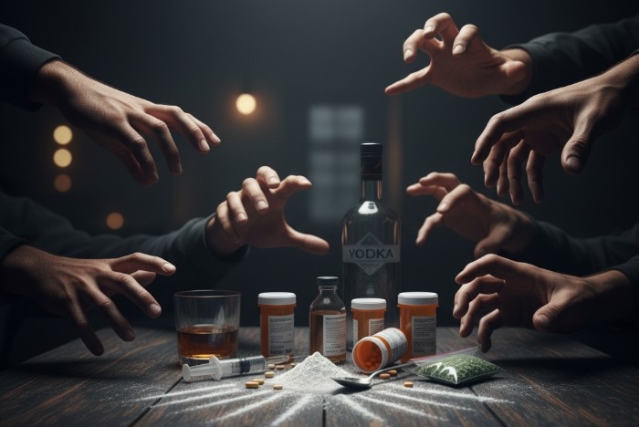 Hands reaching toward alcohol and prescription drugs, representing addiction struggles addressed in first responder dual diagnosis rehab in Arizona.