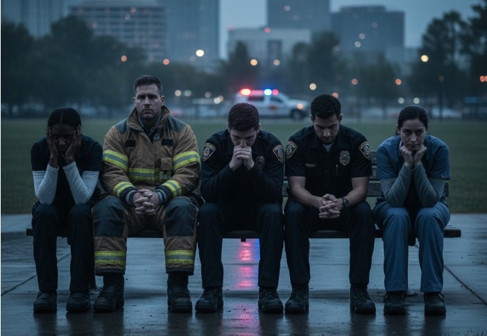 Distressed firefighter, police officers, and EMT sitting on a bench at night, highlighting the emotional toll addressed in dual diagnosis rehab for first responders in Arizona.