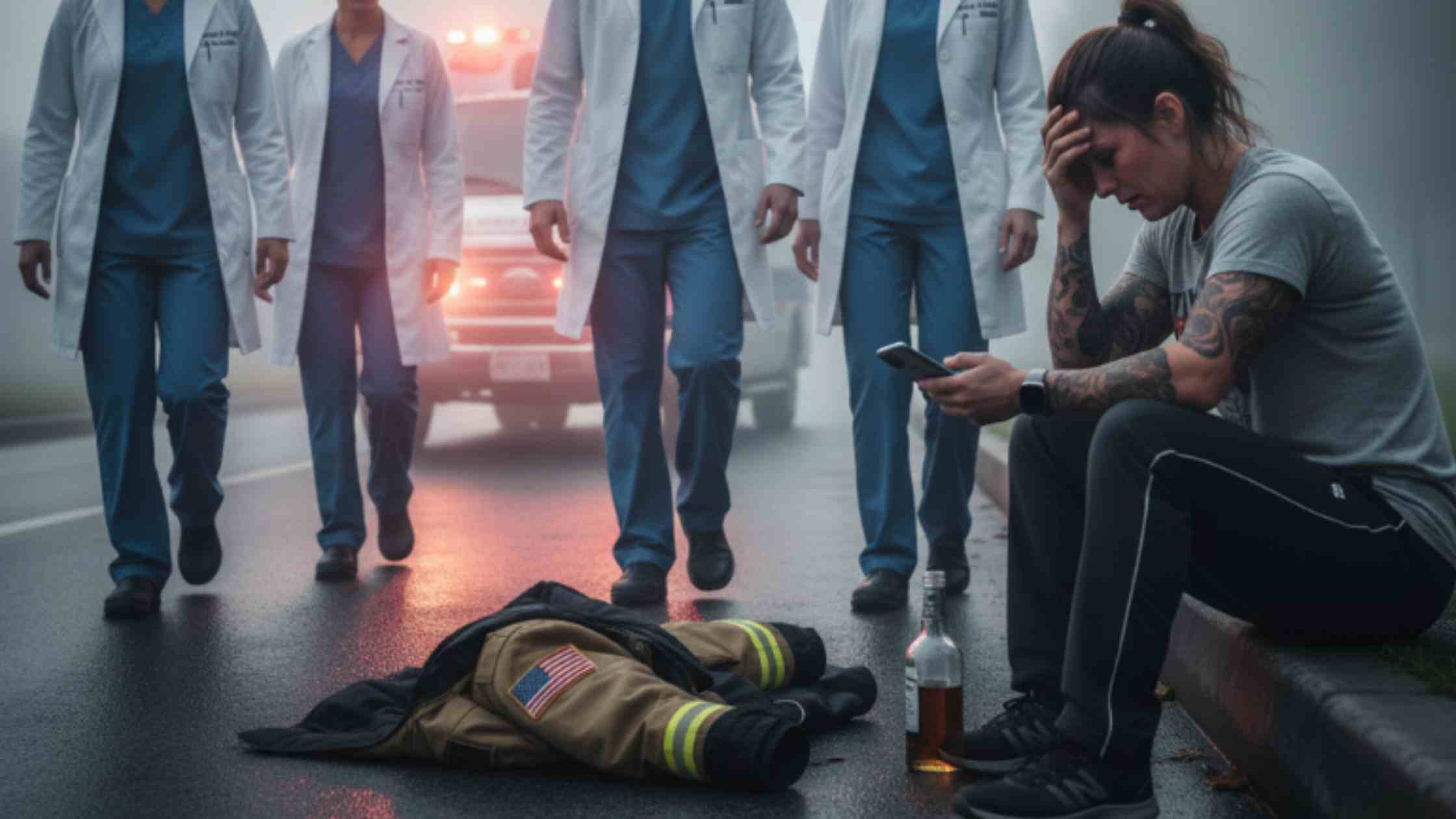 Doctors walk toward a distressed person sitting on the road near firefighter gear and a bottle, showing recovery struggle.