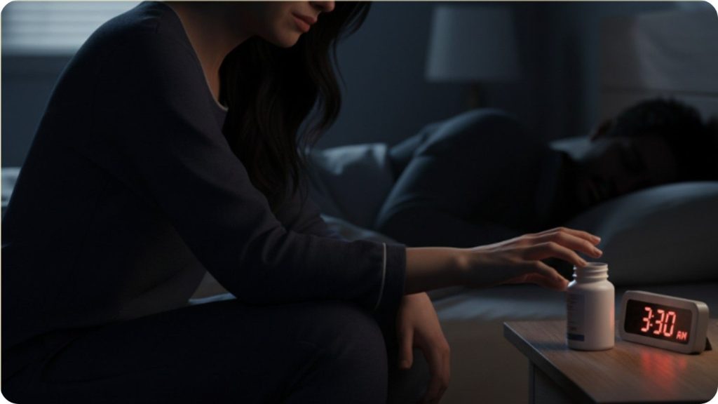 Exhausted woman sitting awake at 3:30 a.m. reaching for prescription pills, representing insomnia, anxiety, and substance misuse in law enforcement families.
