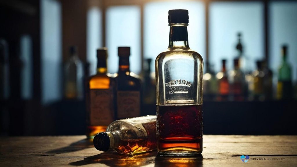 Alcohol bottles on a bar symbolizing substance misuse risks among first responders