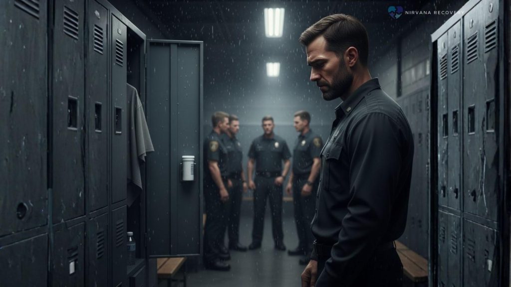 Stressed first responder alone in a locker room considering confidential addiction treatment